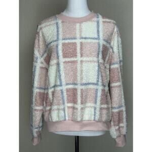 Women’s Cozy Sweater Sweatshirt Sz M Plaid Pink Grey White Lightweight Top
